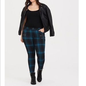 PONTE STRETCH ANKLE SKINNY PANT - TEAL PLAID